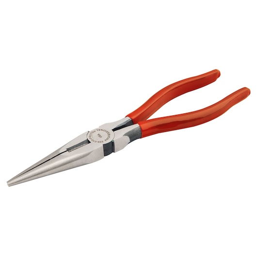 PROTO J226-01G long nose pliers with red handles, angled view on white background.