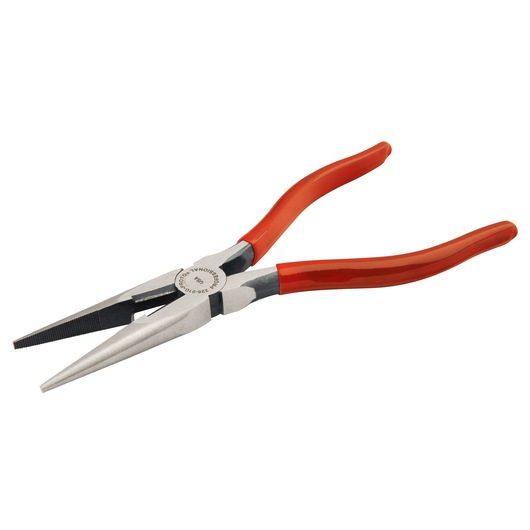PROTO J226-01G long nose pliers with red handles, angled on white background.