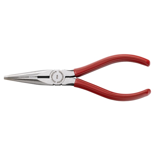 PROTO J226G long nose pliers with red handles, side view on white background.