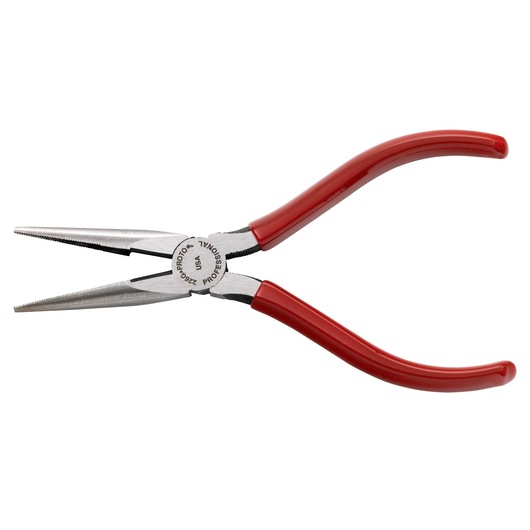 PROTO J226G long nose pliers with red handles, side angle on white background.