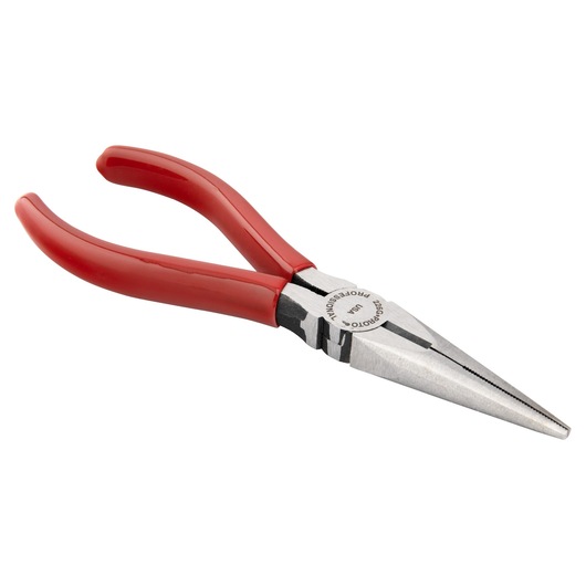 PROTO J226G long nose pliers with red handles, angled view on white background.