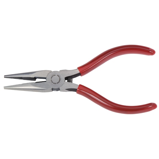 PROTO J229-01G long nose pliers with red ergonomic handles, side angle on white background.