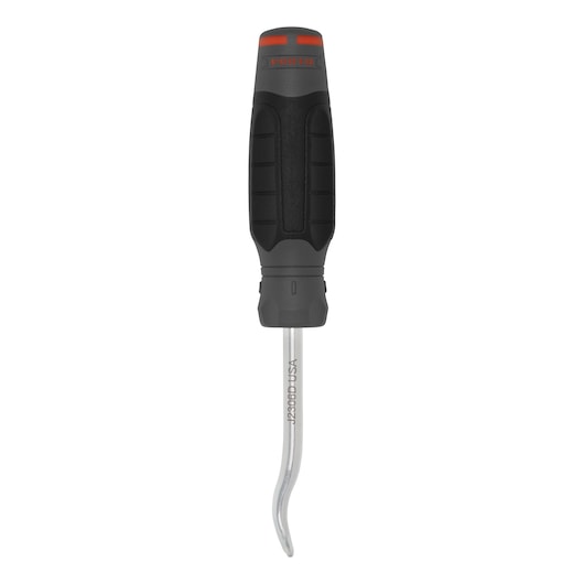 PROTO J2306D curved pick tool with black and red handle, photographed on white background, tool facing upward.