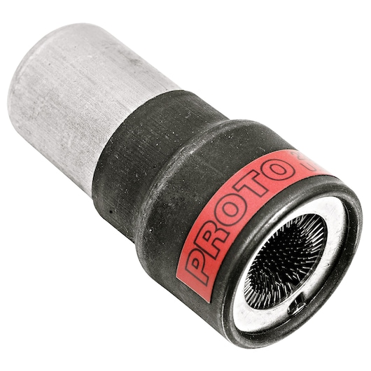 PROTO J2320 wire end brush tool, cylindrical shape, black and silver, front angle on white background.