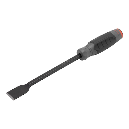 PROTO J2338D gray and black flat pry bar with ergonomic handle, side view on white background.