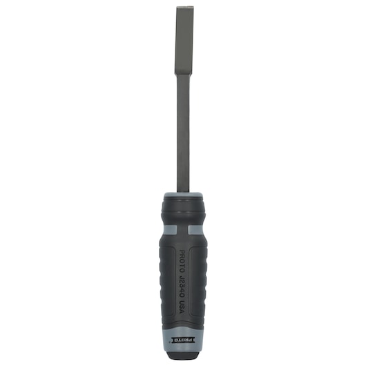 PROTO J2340 flathead screwdriver with black and gray handle, front angle on white background.