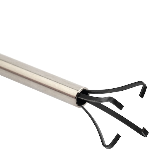 Close-up of a metal tool with four black hooked prongs extending from one end, typically used for gripping or retrieving small objects.