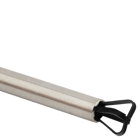 Close-up view of a metal precision photography tool with a cylindrical handle and a black, angled tip.