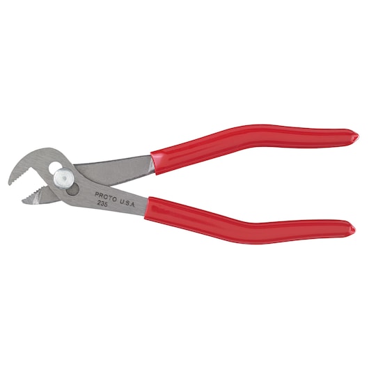 PROTO J235 groove joint pliers with red handles, side angle, white background.