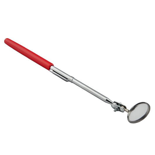 PROTO J2370 inspection mirror with red handle, telescoping chrome shaft, and round adjustable mirror, side view.