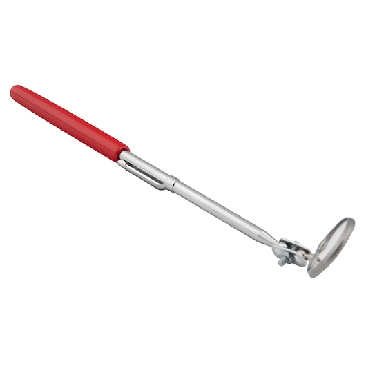 PROTO J2370 inspection mirror with red handle, telescoping metal shaft, angled round mirror, side view on white.