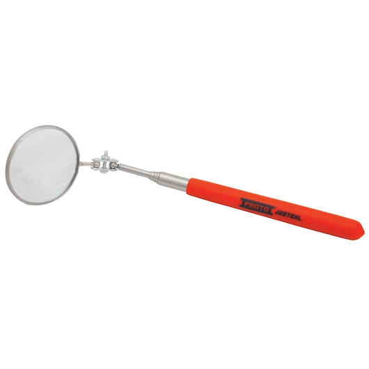 PROTO J2372XL inspection mirror with round adjustable head and orange handle, side angle on white background.