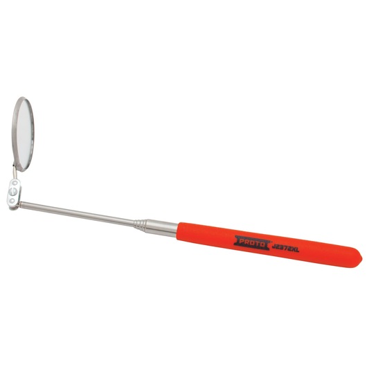 PROTO J2372XL inspection mirror with extendable metal shaft and red handle, side angle, on white background.