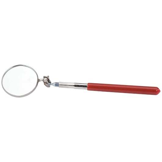 PROTO J2372 inspection mirror with red handle, round adjustable mirror, side angle, photography on white background.