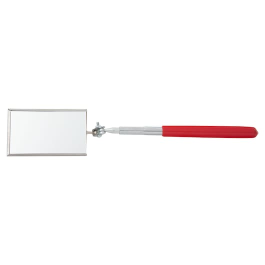 PROTO J2373 inspection mirror with rectangular head, telescoping handle, and red grip, front view on white.