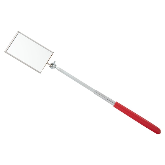 PROTO J2373 rectangular inspection mirror with telescoping metal handle and red grip, angled on white background.