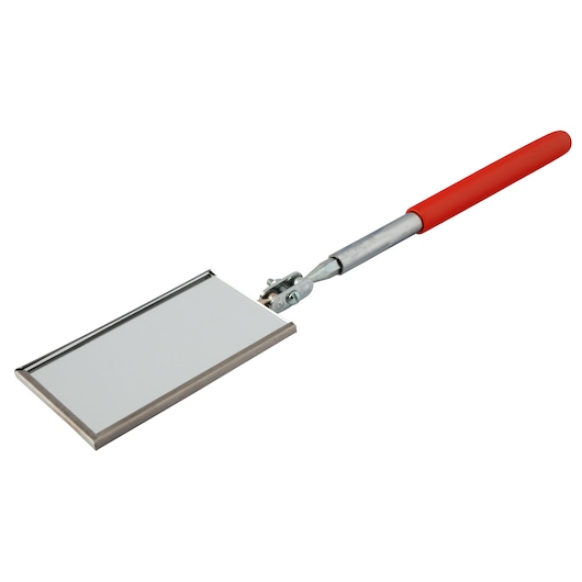 PROTO J2373 inspection mirror with rectangular head and red handle, angled on white background.
