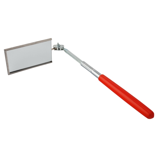 PROTO J2373 rectangular inspection mirror with telescoping handle and red grip, side view on white background.