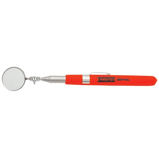 PROTO J2374XL inspection mirror with orange handle, extendable shaft, and round mirror on white background, side view.