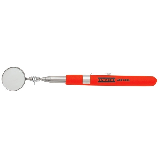 PROTO J2374XL inspection mirror with red handle and adjustable round mirror, side view on white background.