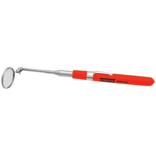 PROTO J2374XL inspection mirror with extendable handle, red and silver, side angle on white background.