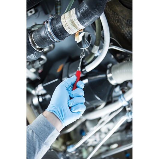 PROTO J2374 inspection mirror with red handle used to view hard-to-reach engine parts, close-up photo.