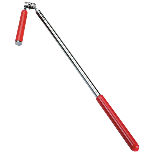 PROTO J2375 telescoping inspection mirror with red handle, chrome finish, white background, angled view.