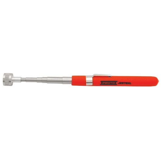 Photo of PROTO J2378XL telescoping magnetic pick-up tool with red handle, side view on white background.