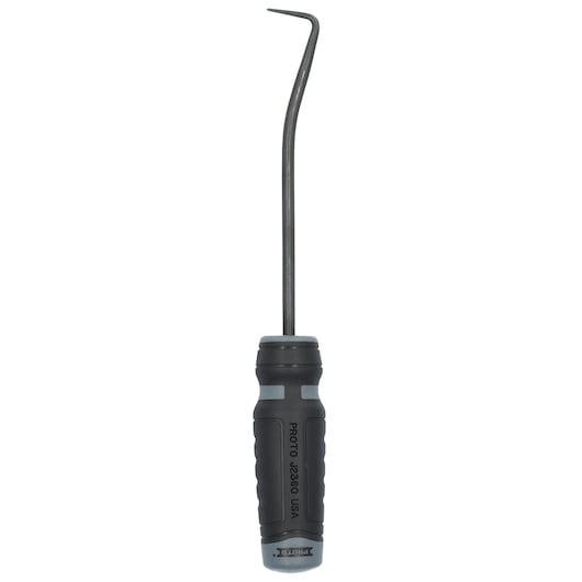 Photo of PROTO J2380 black and gray pick tool with curved metal tip, straight-on angle, white background.
