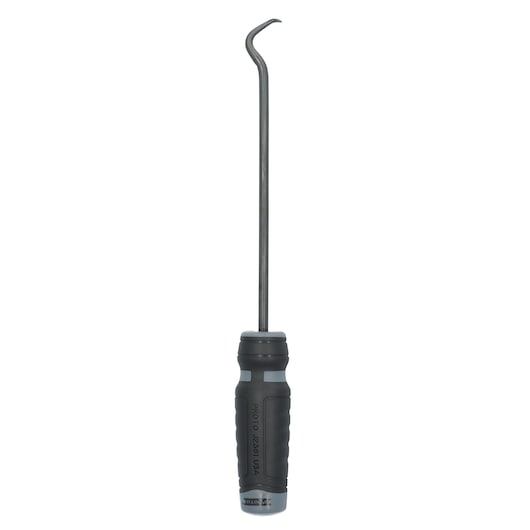 PROTO J2381 curved pick tool with black ergonomic handle, product photography, front view on white background.