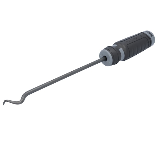 PROTO J2381 hook and pick tool with black ergonomic handle and curved metal shaft, side angle on white background.