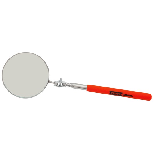 Photo of PROTO J2382XL inspection mirror with round glass and orange handle, side angle on white background.
