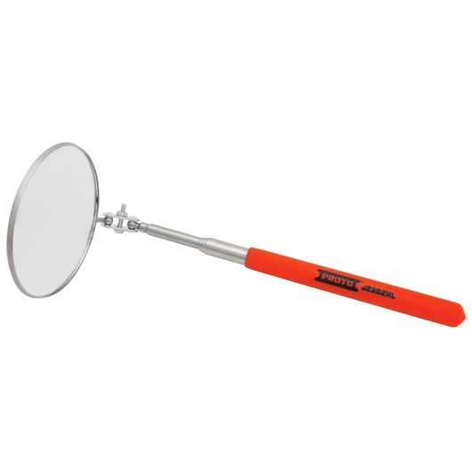 PROTO J2382XL inspection mirror with orange handle and adjustable round mirror, side angle on white background.