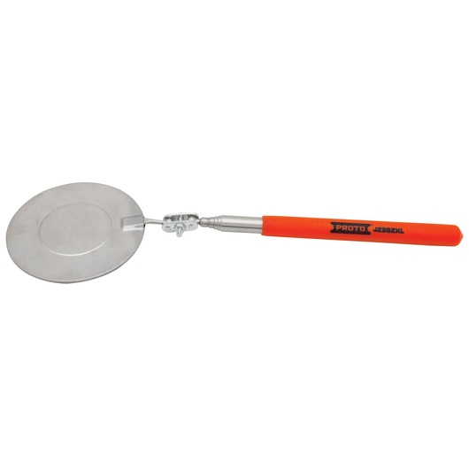 PROTO J2382XL inspection mirror with orange handle and round adjustable mirror on white background.