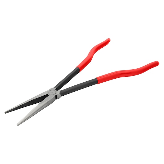 PROTO J240G long reach needle nose pliers with red angled handles, side angle on white background.