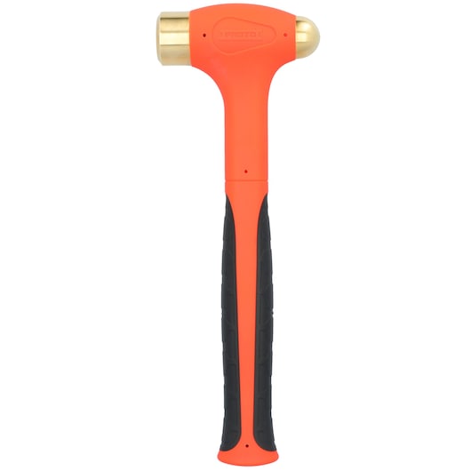 PROTO J24DFBA brass hammer with orange and black handle, front view on white background.