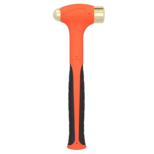 PROTO J24DFBA brass hammer with orange and black handle, front view on white background.