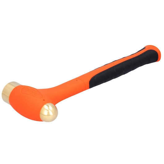 PROTO J24DFBA dead blow hammer with orange handle and brass head, side angle on white background.