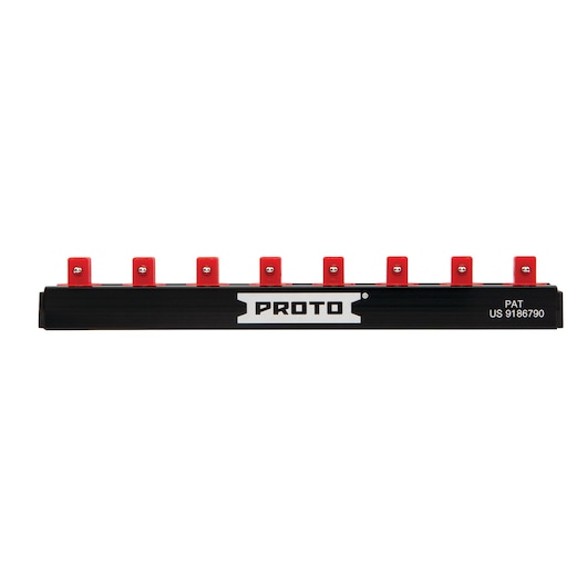 PROTO J2501RS socket rail, black with red clips, front view on white background.