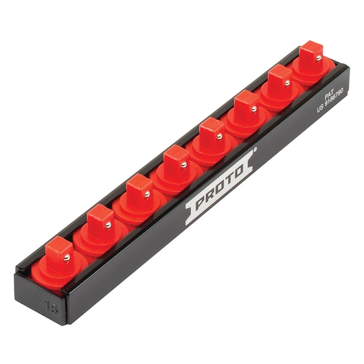 PROTO J2501RS socket organizer rack with eight red clips, black metal rail, studio angle.