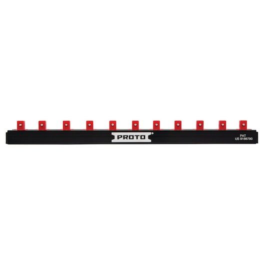 PROTO J2502RS socket organizer bar with red clips, front angle on white background.