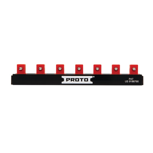 PROTO J2503RS black socket rail with seven red holders, photography on white background.