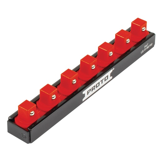 Photo of PROTO J2503RS socket rail with eight red square holders on black metal base, front angle.