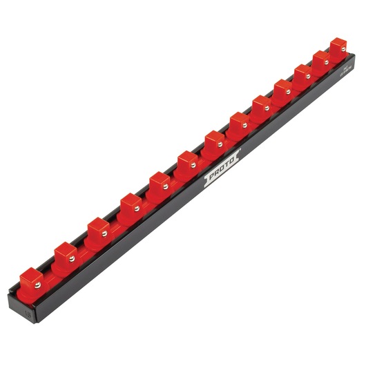 PROTO J2504RS socket organizer rail in black with red clips, angled on white background, tool storage accessory.