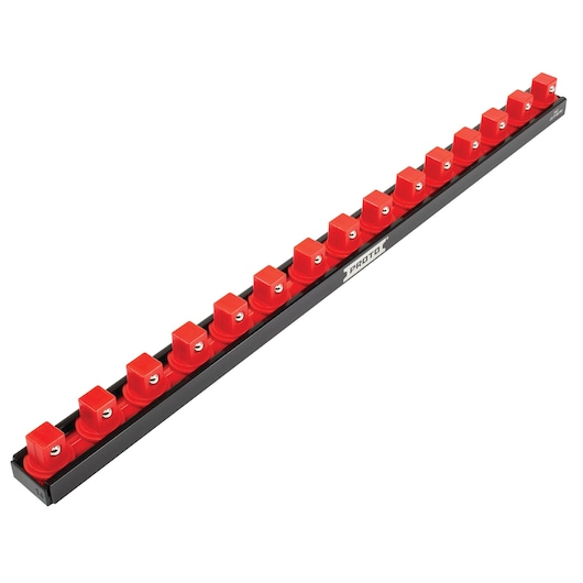 PROTO J2505RS socket organizer rail with red clips, side angle, tool storage accessory.