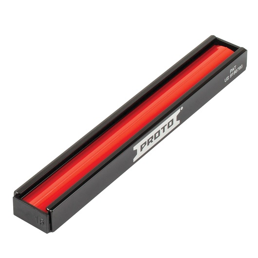 Photo of PROTO J2506R black and red socket organizer tray, angled view on white background.