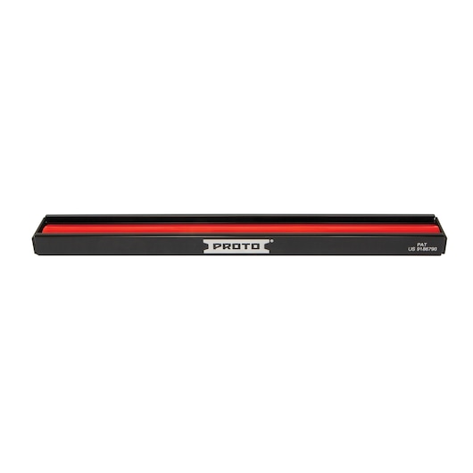 PROTO J2508R black and red socket organizer rail, front angle on white background.