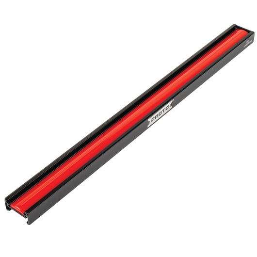 PROTO J2510R socket rail, black and red steel, side angle on white background.