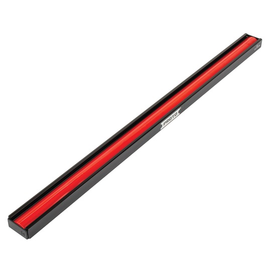 Photo of PROTO J2511R black and red socket organizer rail, angled on white background.