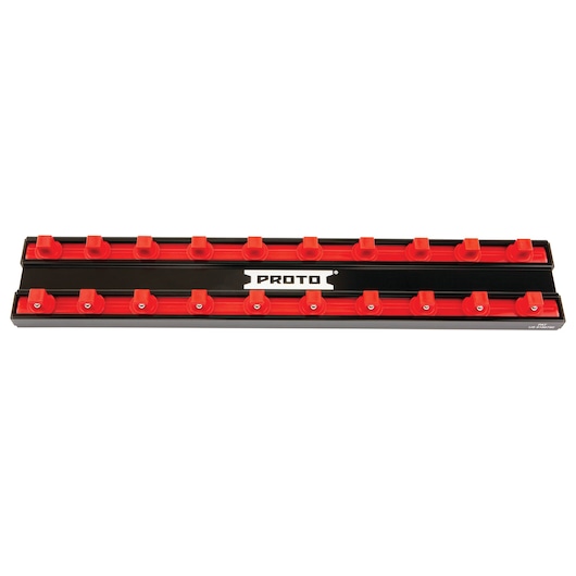 PROTO J2518TS socket organizer black and red, top view, with 15 slots for socket storage.